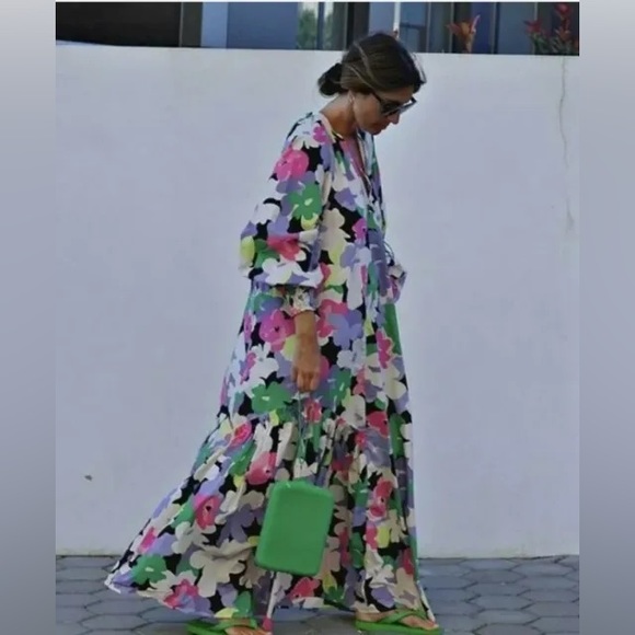 🦋 Bloggers Favorite 🦋 H&M X Rocky Barnes Floral Cotton Kaftan Maxi Dress Sz S - Picture 15 of 16